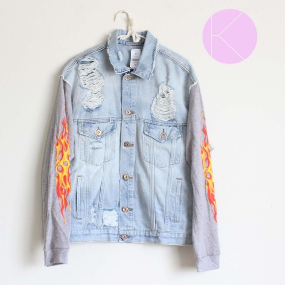 NWT LF Carmar Flames Distressed Denim Jacket - Picture 3 of 6